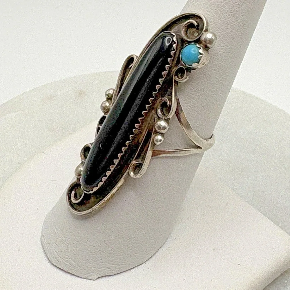 Vintage Navajo Southwest Sterling Silver Onyx Ring 8 Turqoise Knuckle Estate